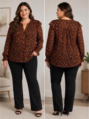 DKNY Leopard Print Sheer Button Front Blouse Size XL